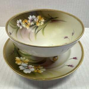 Antique Hand Painted Nippon Porcelain Pedestal Bowl & Underplate floral Gold Tri